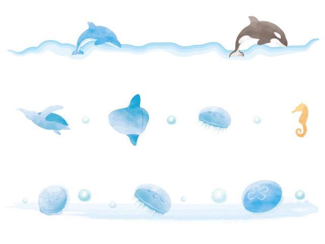 海の動物ライン 水彩風 シャチ イルカ ウミガメ マンボウ ミズクラゲ タツノオトシゴ 無料イラスト素材 素材ラボ