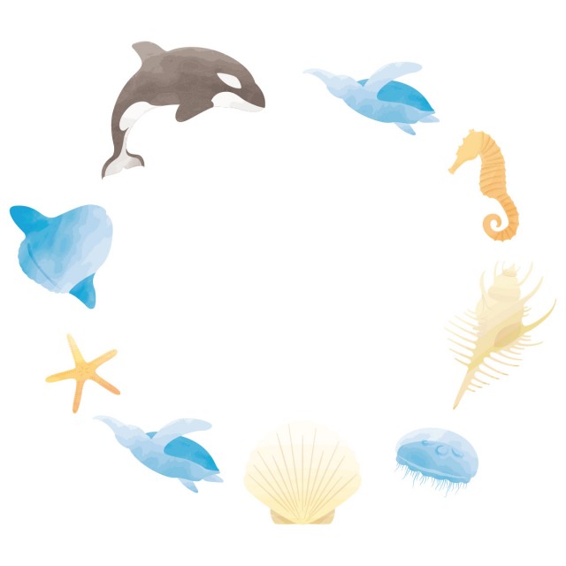 海の動物のサークルフレーム 水彩風 無料イラスト素材 素材ラボ