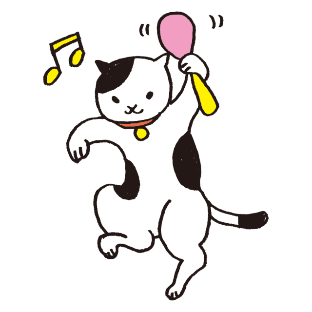 かわいい猫 踊る ダンス 浮かれる マラカス 音楽 音符 無料イラスト