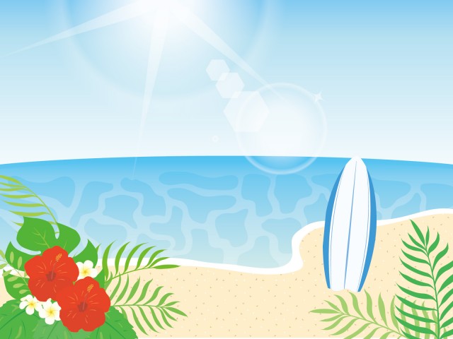 海とサーフボード 波 空 太陽 サーファー ハイビスカス トロピカル 砂浜 無料イラスト素材 素材ラボ