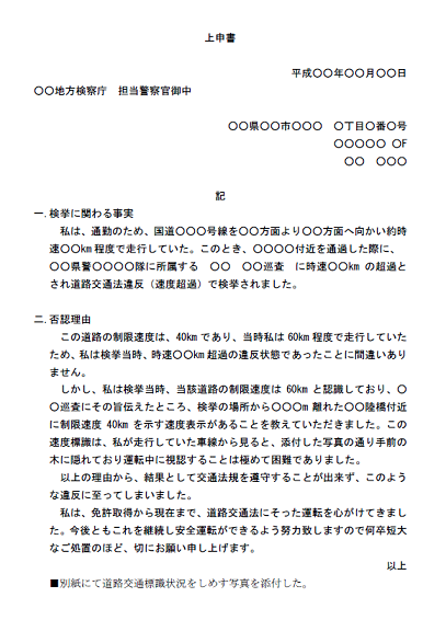 上申書1 道路交通法違反 速度超過 のテンプレート雛形 無料イラスト素材 素材ラボ