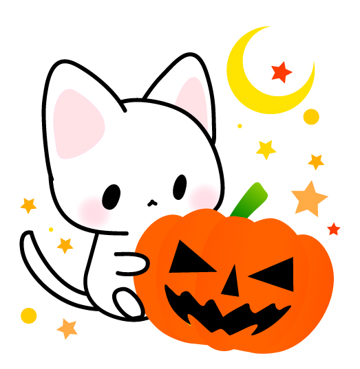 ハロウィン素材・白猫とかぼちゃのおばけイラスト