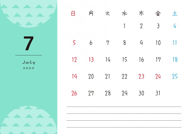 手描き風パターンの月間カレンダー 年 7月 無料イラスト素材 素材ラボ