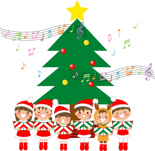 クリスマスの合唱をする子供達 ツリー前 無料イラスト素材 素材ラボ