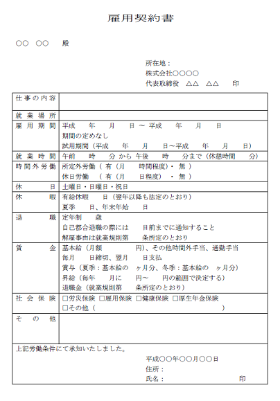 雇用契約書の雛形 テンプレート と書き方 無料イラスト素材 素材ラボ