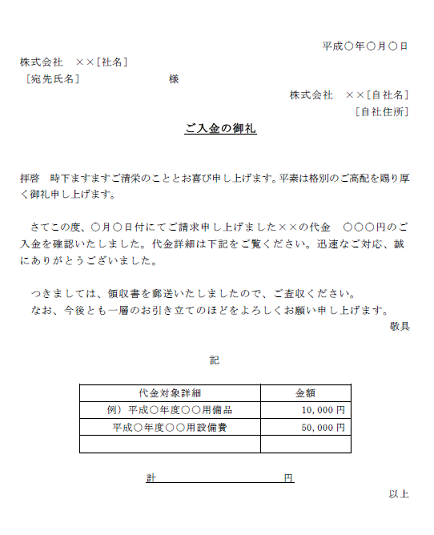 ご入金の御礼と記入方法の雛形 テンプレート と書き方 無料イラスト素材 素材ラボ