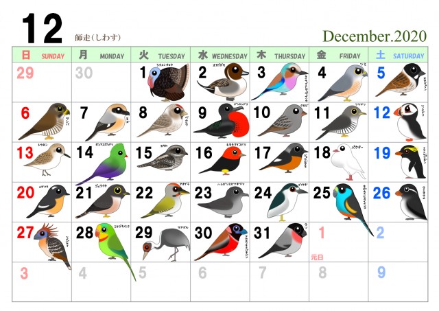 365日鳥だらけカレンダー12月 絵なし付き 無料イラスト素材 素材ラボ