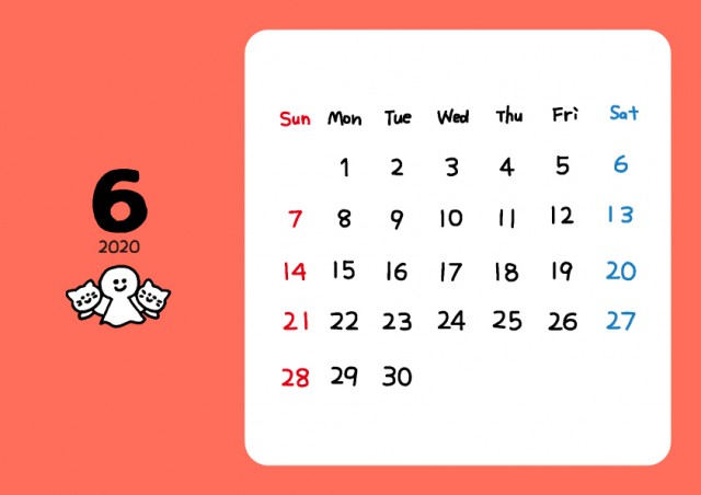 2020年　猫のカレンダー　６月