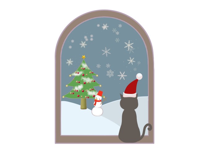 窓に座る猫のイラスト クリスマス 無料イラスト素材 素材ラボ