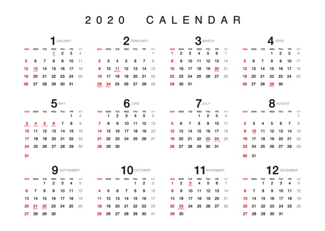 2020年　年間カレンダー・A4横サイズ（シンプル）