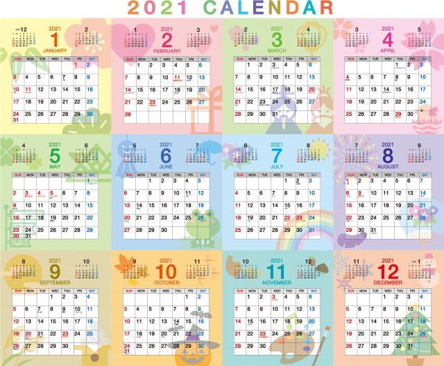 年 年間カレンダー カラフル 12ヶ月 卓上カレンダー 無料イラスト素材 素材ラボ