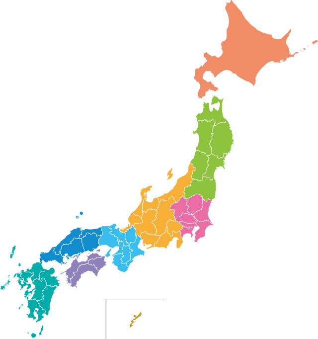 無料イラスト素材：日本地図データ、地方区分、色分け