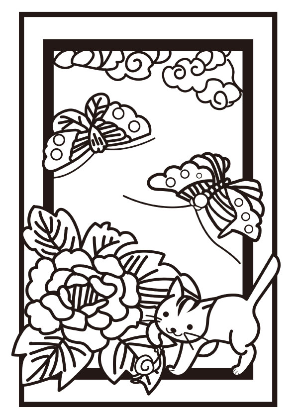 ぬりえ 6月花札 牡丹に蝶 カタツムリと子猫 無料イラスト素材 素材ラボ