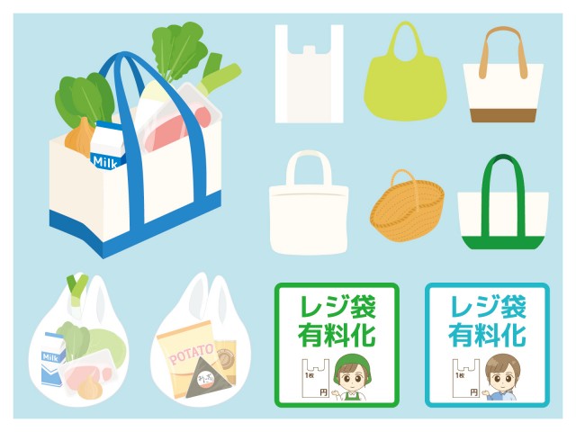 マイバック促進セット レジ袋 ポリ袋 買い物袋 トートバッグ ショッピングバッグ エコバック 有料化 環境問題 無料イラスト素材 素材ラボ