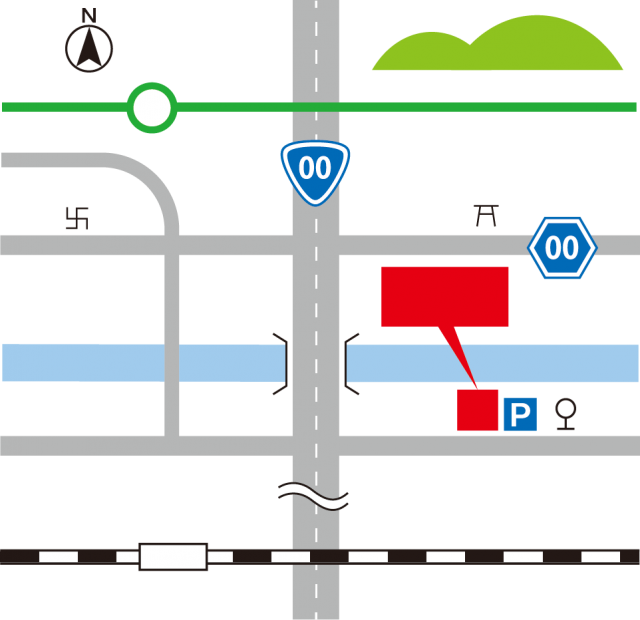 地図のテンプレート 周辺地図map 03 信号機 バス停 国道 寺 神社 駐車場 無料イラスト素材 素材ラボ