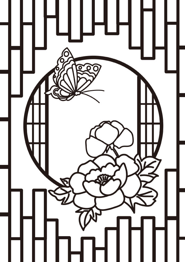 ぬりえ 花と蝶 円形の窓 無料イラスト素材 素材ラボ