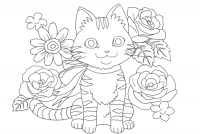 お座りしている花柄の猫の塗り絵 無料イラスト素材 素材ラボ