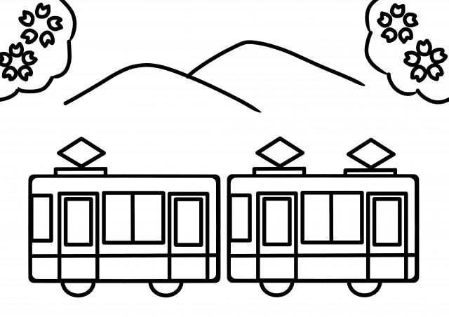 電車とさくらの景色のぬりえ 無料イラスト素材 素材ラボ