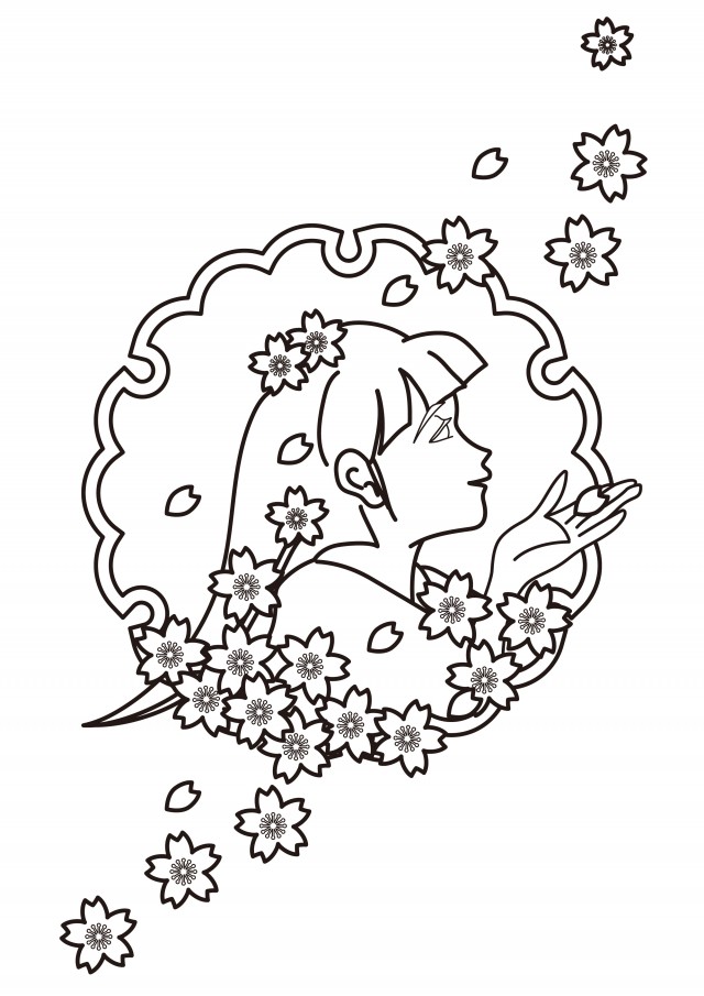 ぬりえ 桜の花と少女 無料イラスト素材 素材ラボ