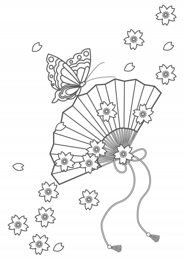 ぬりえ 桜と扇子と蝶 無料イラスト素材 素材ラボ