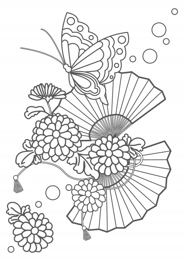 ぬりえ 菊の花と扇子と蝶 無料イラスト素材 素材ラボ