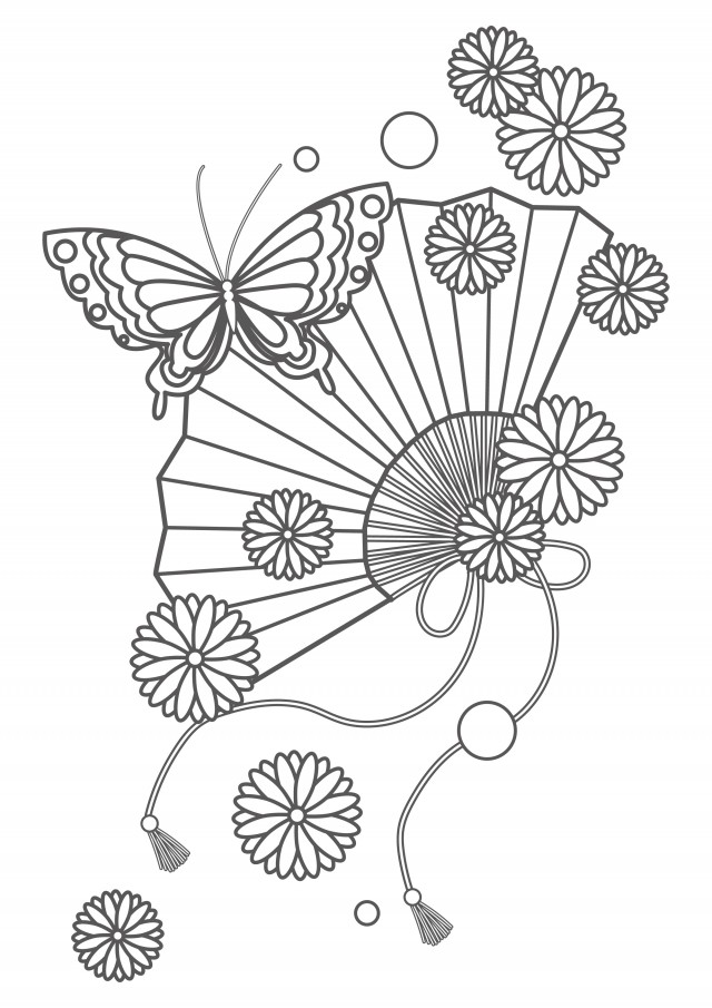 ぬりえ 菊の花と扇子と蝶々 無料イラスト素材 素材ラボ