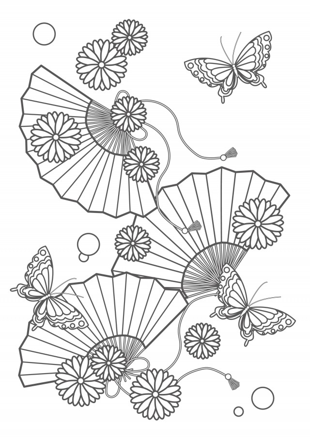 ぬりえ 菊の花と扇子と３匹の蝶 無料イラスト素材 素材ラボ