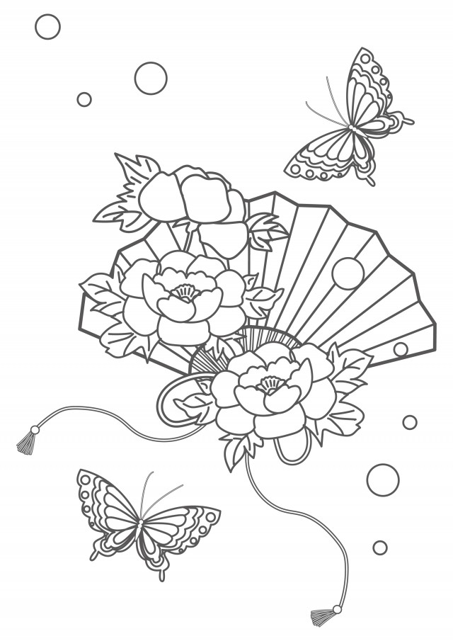 ぬりえ 牡丹の花と扇子と蝶々 無料イラスト素材 素材ラボ