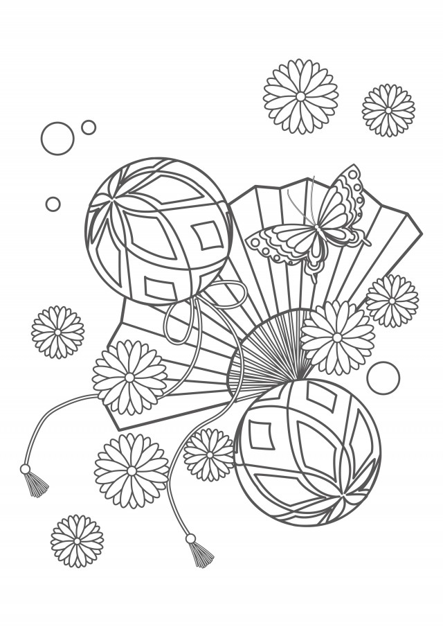 ぬりえ 菊の花と扇子と毬と蝶々 無料イラスト素材 素材ラボ