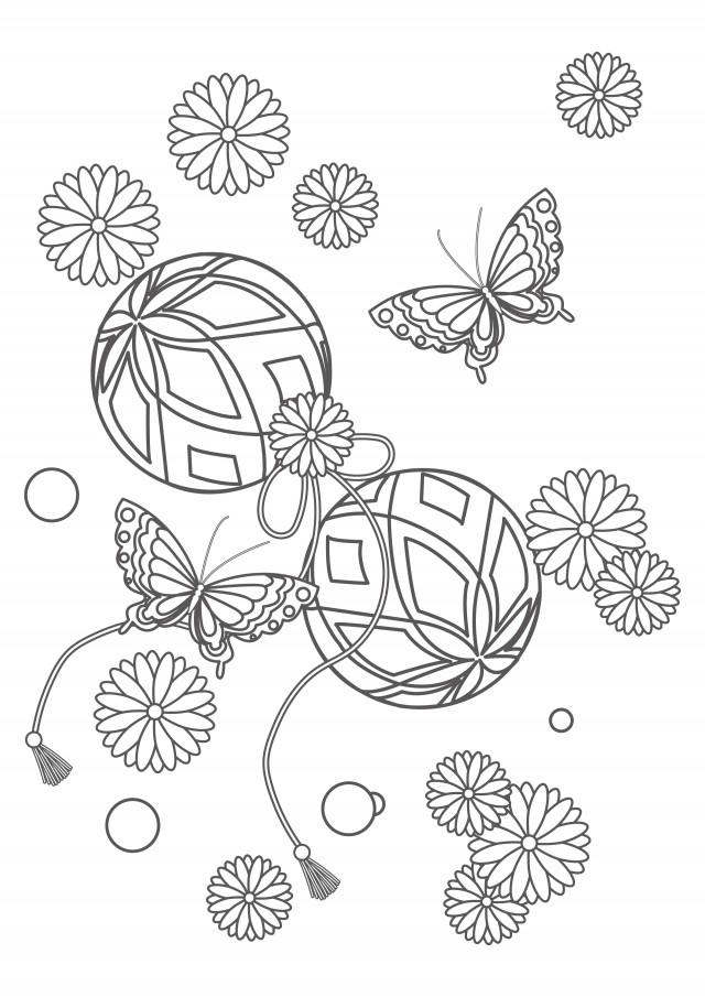 ぬりえ 菊の花と毬と蝶々 | 無料イラスト素材｜素材ラボ