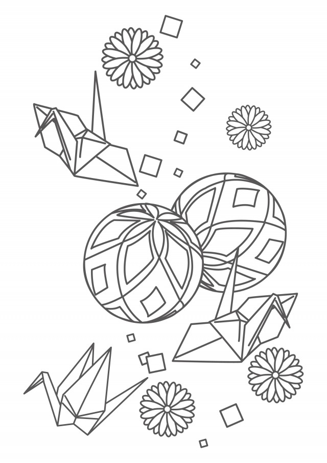ぬりえ 三羽の折り鶴と手毬 無料イラスト素材 素材ラボ