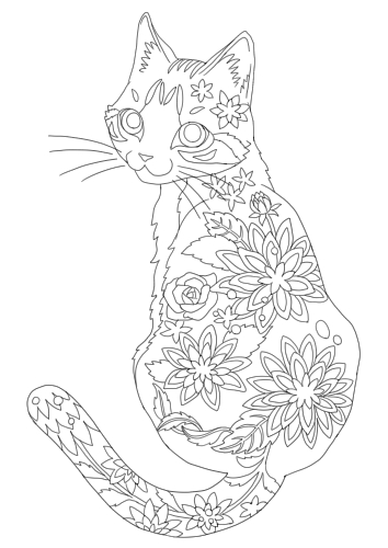 お座りしている花柄の猫の塗り絵 無料イラスト素材 素材ラボ