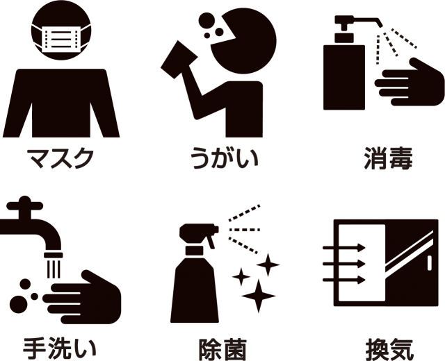 マスク うがい 手洗い 消毒 換気 シルエットアイコン 無料イラスト素材 素材ラボ