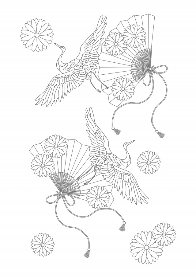 飛び立つ二羽の鶴と扇子と菊の花 無料イラスト素材 素材ラボ