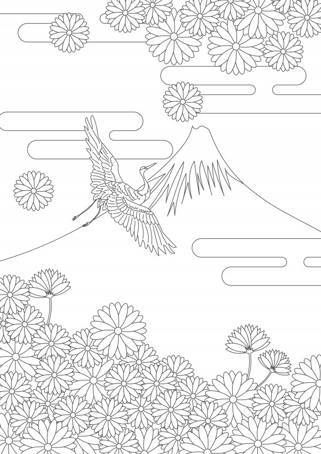 ぬりえ 富士山と鶴と菊の花 無料イラスト素材 素材ラボ