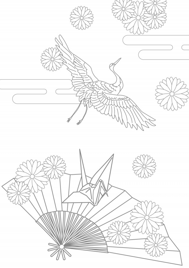 ぬりえ 折り鶴と鶴と扇子と菊の花 無料イラスト素材 素材ラボ
