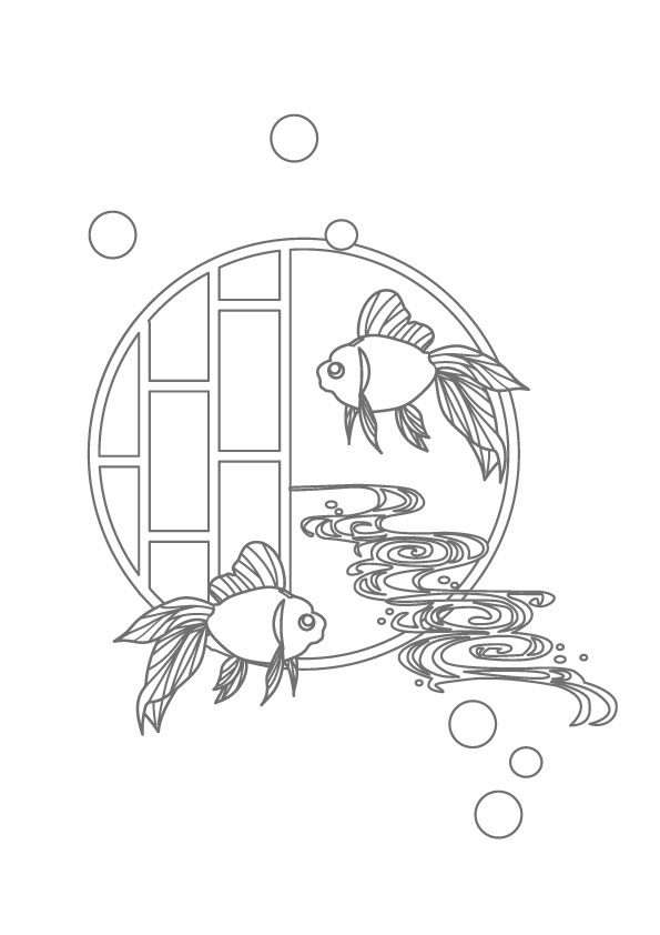 ぬりえ 丸い窓と二匹の金魚 横 無料イラスト素材 素材ラボ