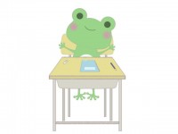 机に座るカエル　