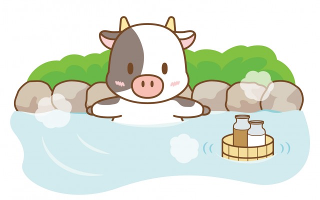 温泉でミルクを飲む入る牛さん2 丑 うし 正月 干支 年賀状 銭湯 牛乳 旅行 ビーフ 無料イラスト素材 素材ラボ