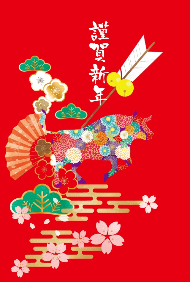 年賀状21年 赤い背景に和風の装飾と花柄の牛のイラスト 無料イラスト素材 素材ラボ