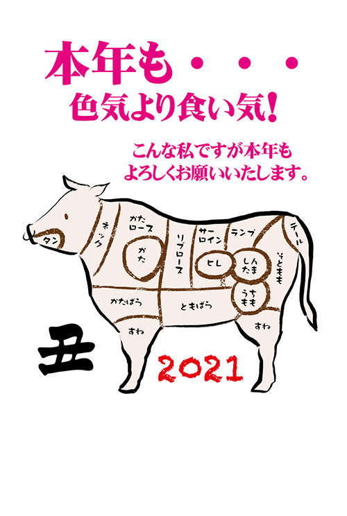 21年丑年の年賀状 牛肉の部位の図 かわいい 色気より食い気 無料イラスト素材 素材ラボ