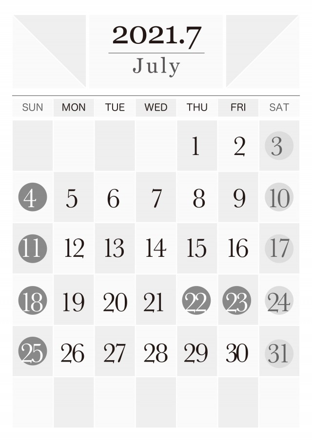 21年 グレイッシュモノクロカレンダー 7月 祝日改訂版 無料イラスト素材 素材ラボ