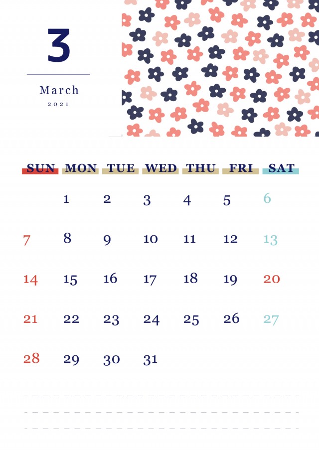 北欧風パターンの月間カレンダー 21年 3月 無料イラスト素材 素材ラボ