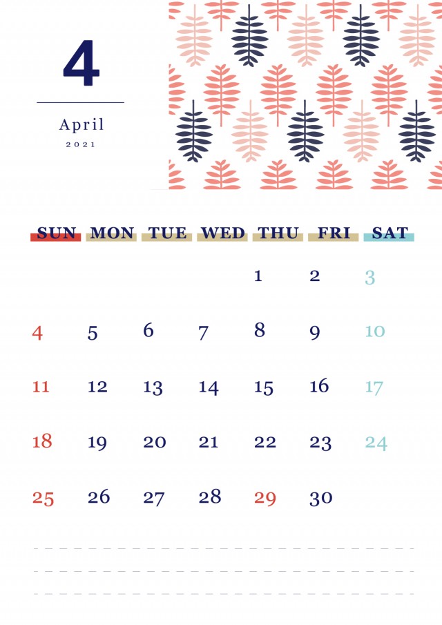 北欧風パターンの月間カレンダー 21年 4月 無料イラスト素材 素材ラボ