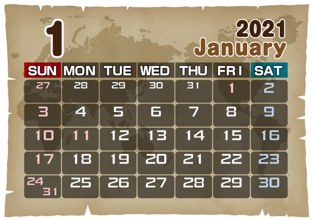 お宝ありそう世界地図 21年 1月 カレンダー 無料イラスト素材 素材ラボ