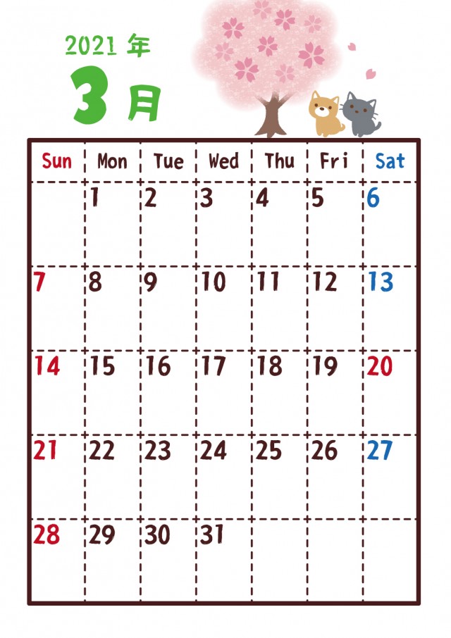 21年カレンダー 3月 桜と猫 無料イラスト素材 素材ラボ