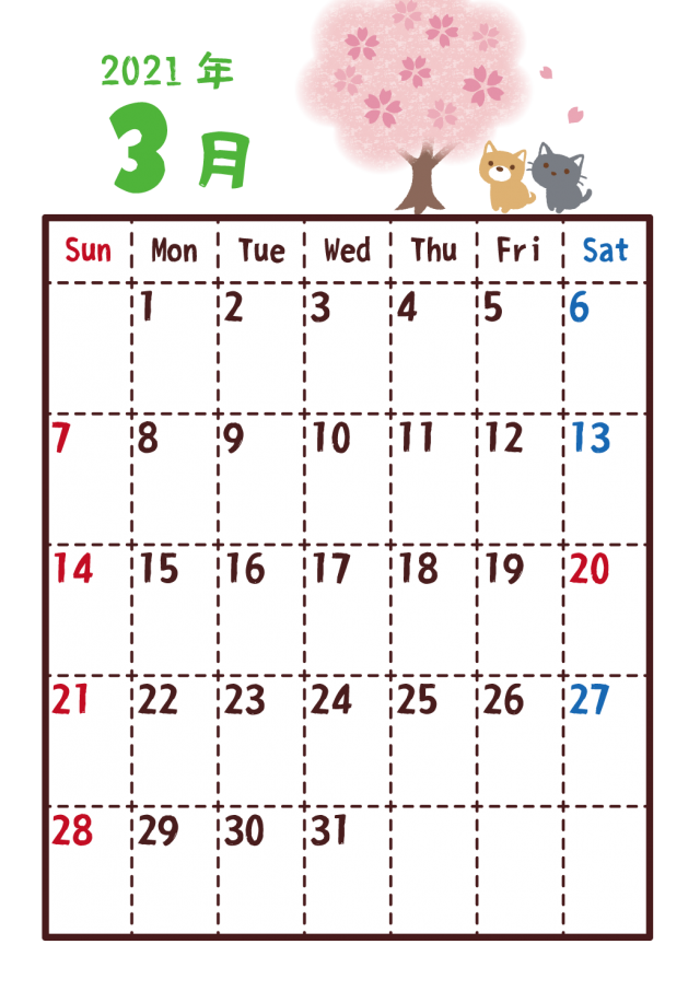 21年カレンダー 3月 桜と猫 無料イラスト素材 素材ラボ