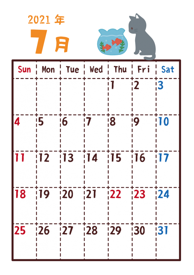 21年カレンダー 7月 金魚と猫 無料イラスト素材 素材ラボ 21年カレンダー 7月 金魚と猫 無料イラスト素材 素材ラボ