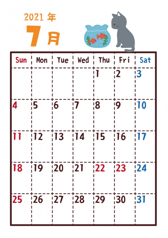 21年カレンダー 7月 金魚と猫 無料イラスト素材 素材ラボ