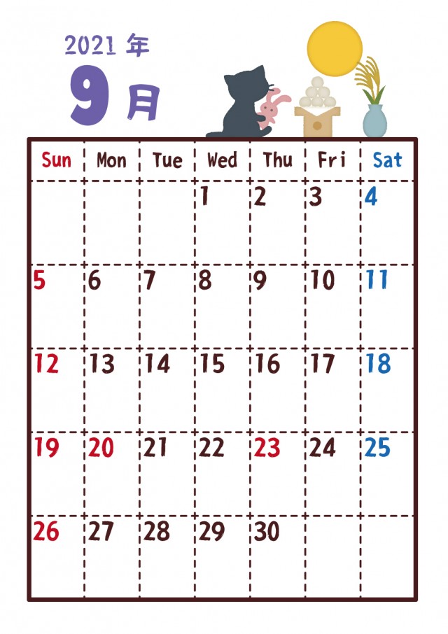 21年猫カレンダー 9月 お月見 無料イラスト素材 素材ラボ